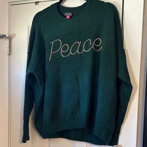 Vince Camuto Green Crew Neck Sweater with 'Peace' Embroidery